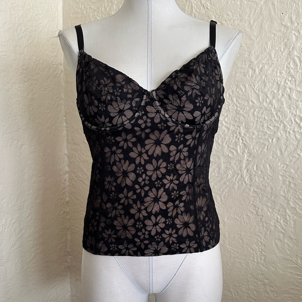 Victoria’s Secret Black Mesh Daisy Lace Underwire Bra Camisole Tank Top Large